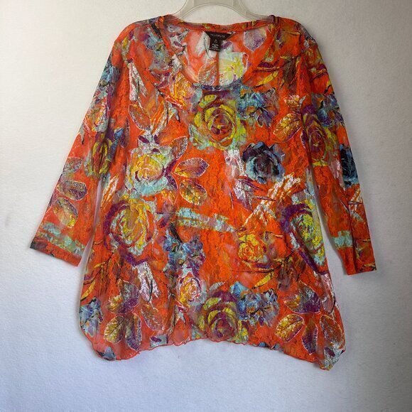 Multiples top blouse women XL sheer orange multicolor lace 3/4 sleeve colorful - Picture 1 of 5